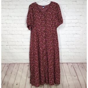 Old Navy Tiered Floral Midi Dress Womans Medium Burgundy Pink Puff Sleeve